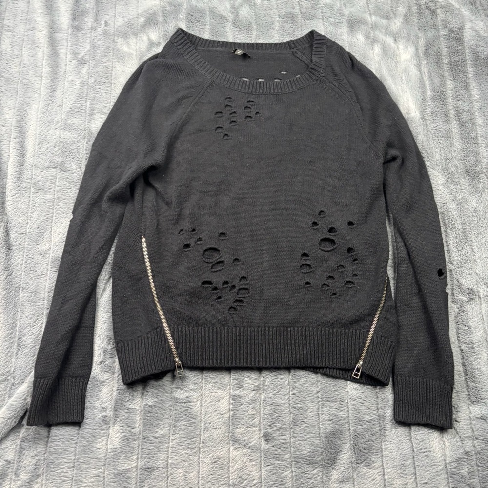 Express Womens Black Distressed Ripped Side Zip Knit Sweater Size S EXCN-601CC